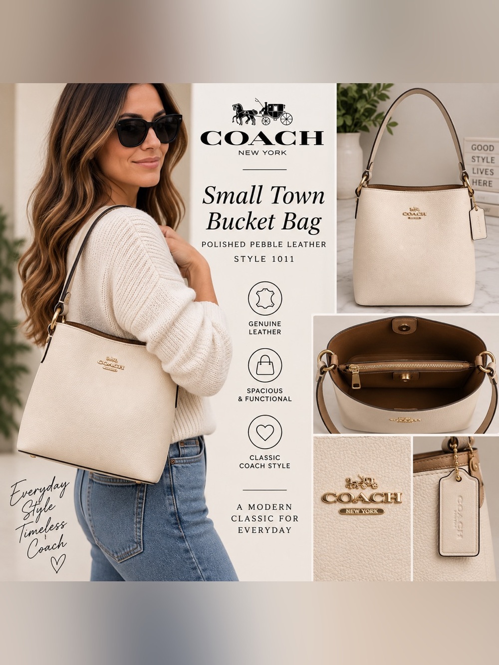 Coach Small Town Bucket Bag 1011 Chalk Pebble Leather